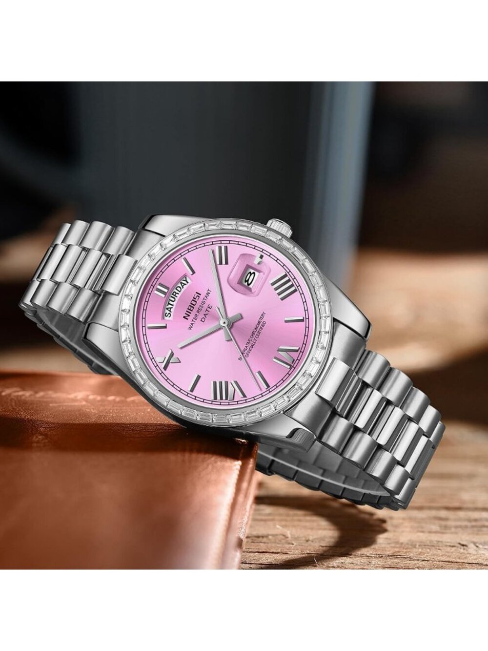 Nibosi Men's Silver Pink Analog Quartz Diamond Bezel Stainless Waterproof Watch - Picture 4 of 6